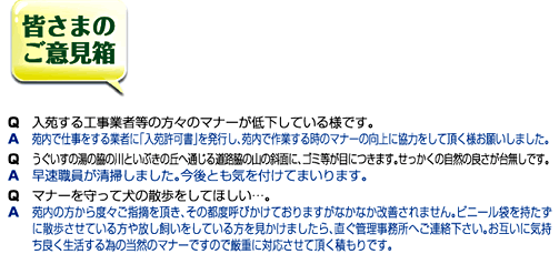 皆様のご意見箱　Q.入園する工事業者等の方々のマナーが低下している様です。　A.苑内で仕事をする業者に「入園許可証」を八降雨し、苑内で作業する時のマナー向上に協力して頂く様お願いしました。　Q.うぐいすの湯の脇の川といぶきの丘へ通じる道路脇の斜面に、ゴミ等が目につきます。せっかくの自然の良さが台無しです。　A.早速職員が清掃しました。今後気をつけて参ります。　Q.マナーを守って犬の散歩をして欲しい…。　A.苑内の方から度々ご指摘を頂き、その都度呼びかけておりますがなかなか改善されません。ビニール袋を持たずに散歩させている方や放し飼いをしている方を見かけましたら、直ぐに管理事務所へご連絡下さい。お互いに気持ち良く生活する為の当然マナーですので現受に対応させて頂くつもりです。